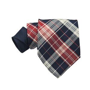 Tommy Hilfiger Men's 100% Silk Necktie USA Designed & Made Blue Red White Plaid